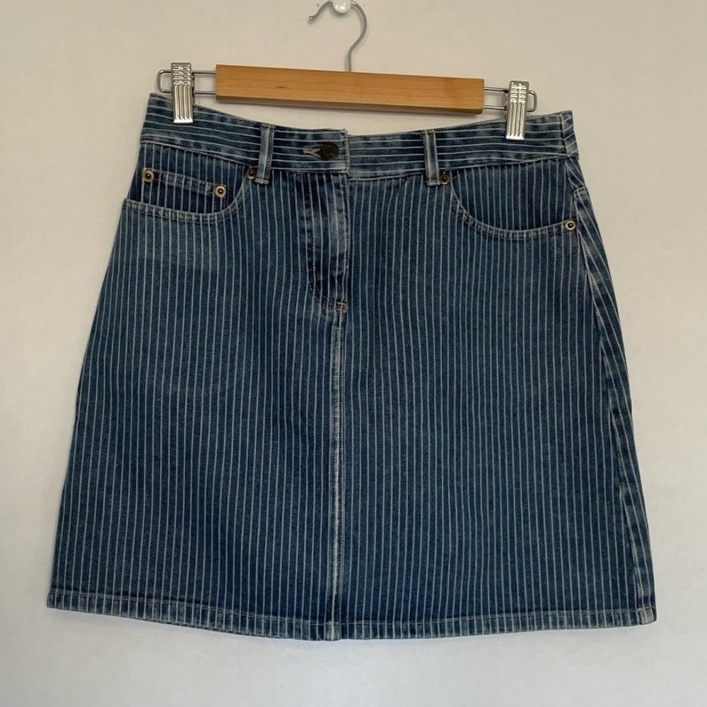 Willi Smith Pin Stripe Blue White 100% Cotton Denim Jean Mini Skirt size 6 EUC